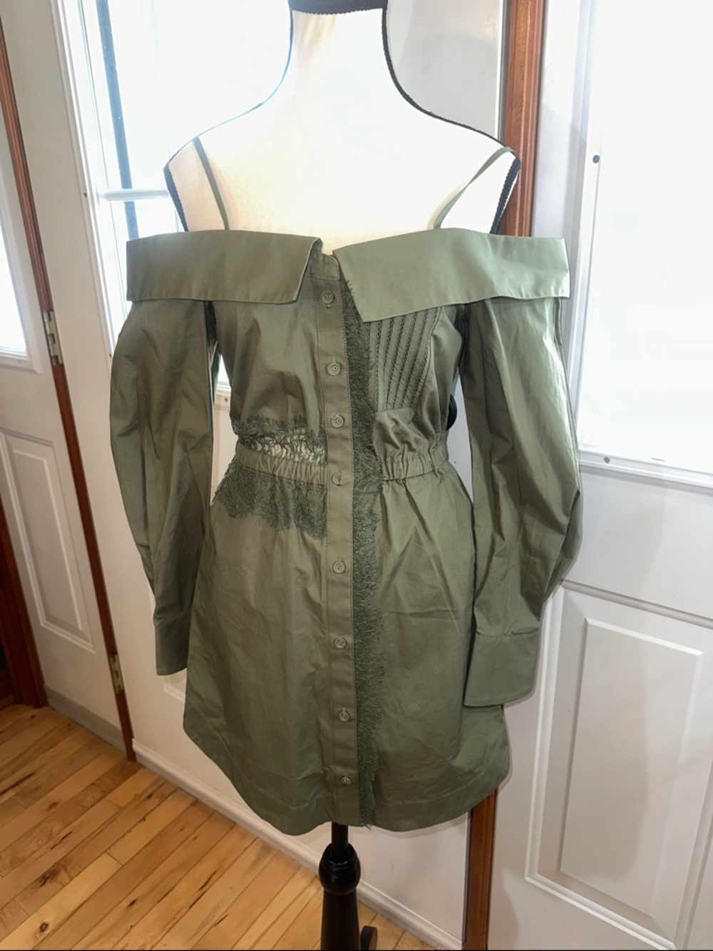 NWOT Self-Portrait Olive Off-Shoulder Button-Front Shirt Dress